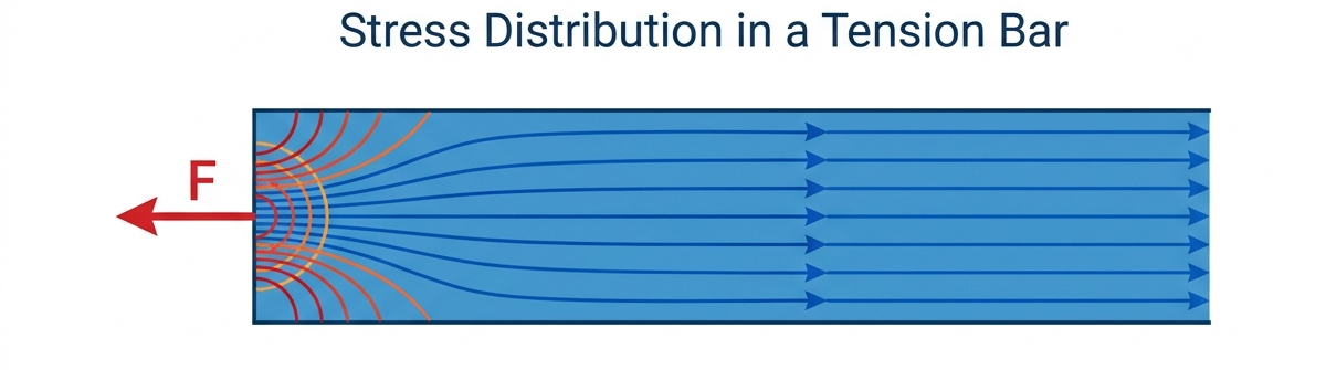 Stress concentrations smooth out into a uniform distribution at a short distance from the applied load.