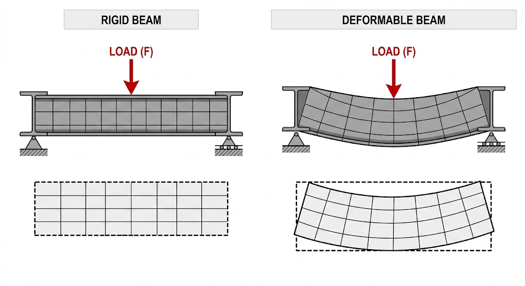 Rigid bodies maintain constant geometry under force, whereas deformable bodies undergo dimensional change.