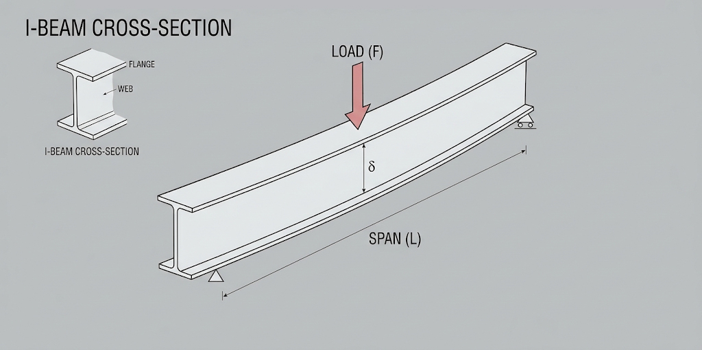 This diagram illustrates a steel beam undergoing exaggerated vertical bending deflection under a concentrated downward load.