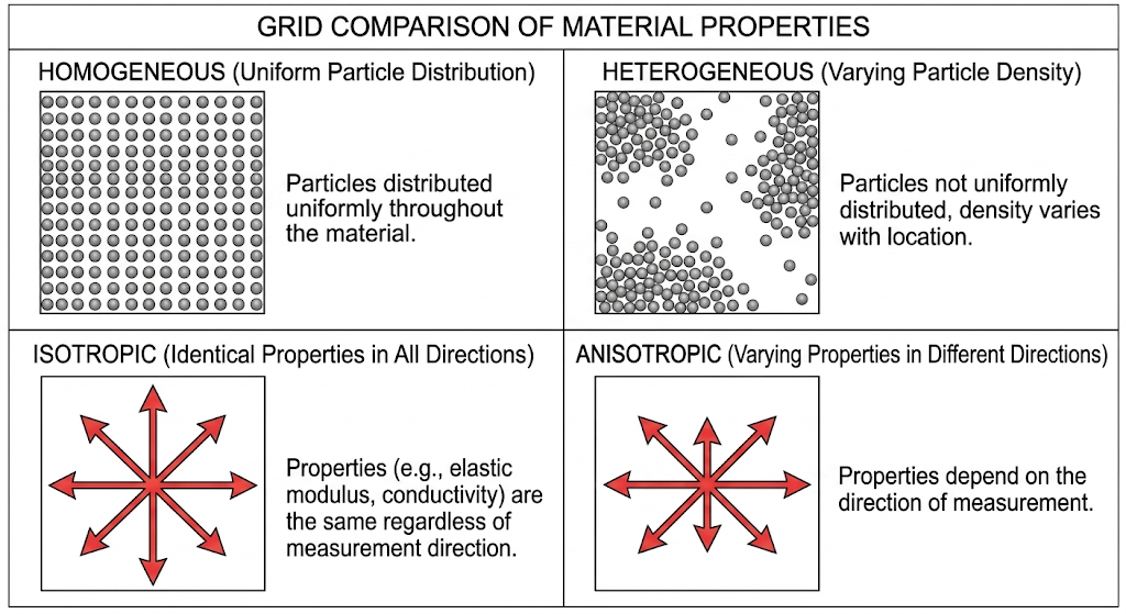 Schematic representation of homogeneous, heterogeneous, isotropic, and anisotropic material properties.