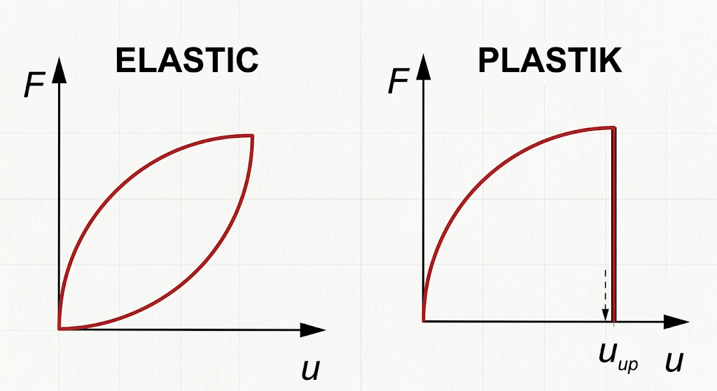 Loading&ndash;unloading behavior of elastic and plastic materials.